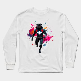 Confident and Commanding Pug in Black with Bold Red Metallic Superhero Suit Long Sleeve T-Shirt